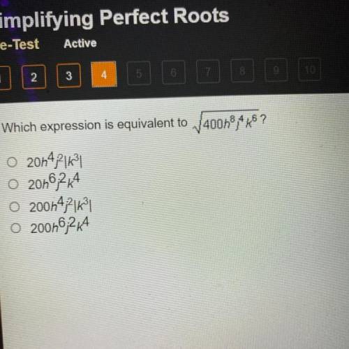 Help pls lol 
which expression is equivalent to the square root of 400h8j4k6