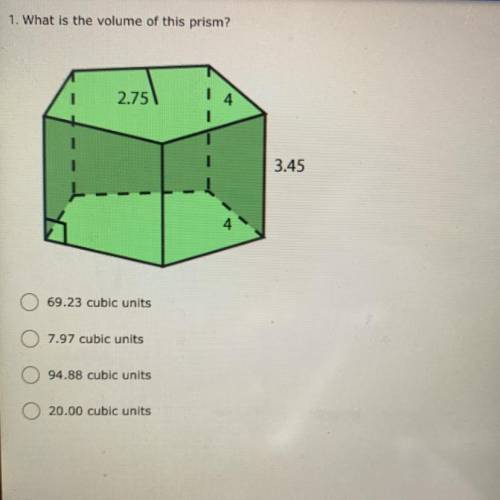 What is the volume of this prism?

A) 69.23 cubic units
B) 7.97 cubic units
C) 94.88 cubic units
D