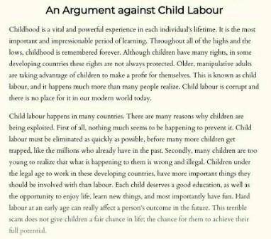 Write an essay by opposing Child labor should be a punishable offence ​