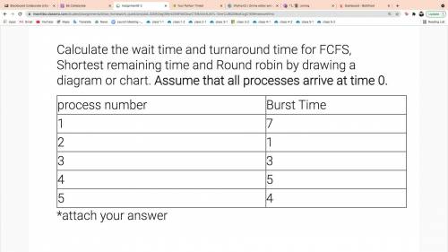 Calculate the wait time and turnaround time for FCFS, shortest remaining time, and round-robin by d