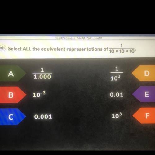 Select ALL the equivalent representations of 10 x 10 * 10°

1
A
1
1,000
103
B
10-3
0.01
E
C
0.001