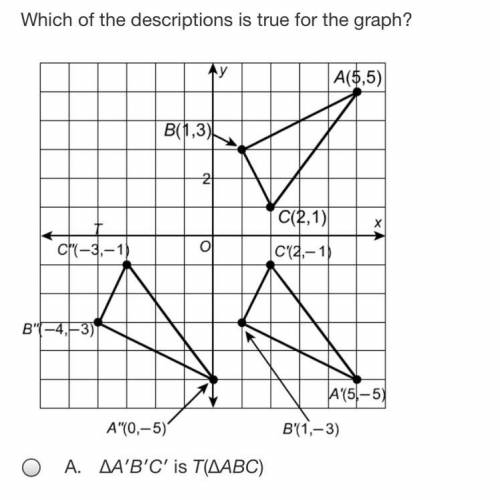 Help please fast i beg

A.ΔA′B′C′ is T(ΔABC)
B.ΔA′B′C′ is (T ∘ R)(ΔABC)
C.ΔA′B′C′ is Rx-axis(ΔA