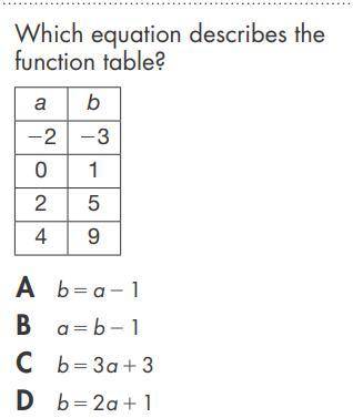 Which equation describes the

function table?
A b = a - 1
B a = b - 1
C b = 3a + 3
D b = 2a + 1