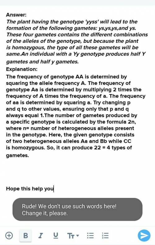 What are the possible gametes for the individual with the genotype: YYSs?