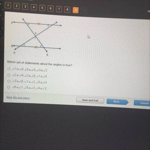 Line p is parallel to line q
Which set of statements about the angles is true ?