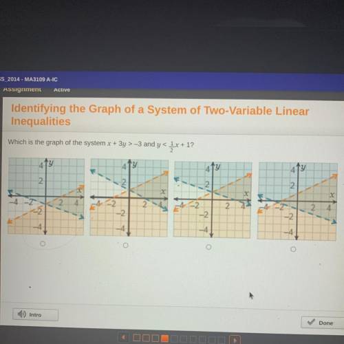 Which is the graph of the system x + 3y > -3 and y < 1/2x + 1