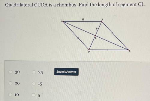 Quadrilateral CUDA is a rhombus. Find the length of segment CL