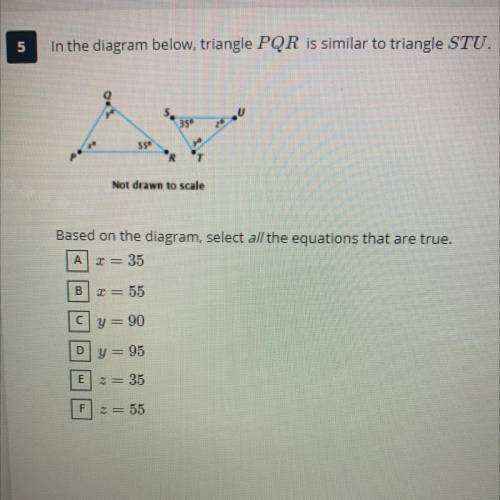 in the diagram below, triangle PQR is similar to triangle STU. based on the diagram, select all the