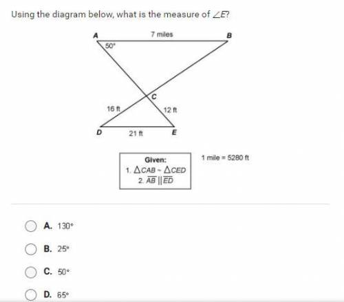 Using the diagram below, what is the measure of ∠E?