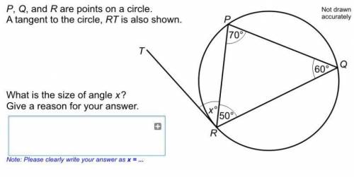 P, Q and R are points on a circle. A tangent to the circle, RT is also shown. What is the size of a