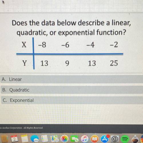 Does the data below describe a linear,
quadratic, or exponential function?