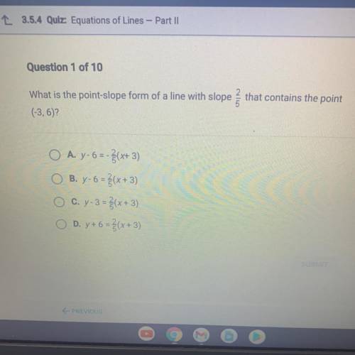 What is the point-slope form of a line with slope ? that contains the point

(-3, 6)?
O A. y-6 =-3