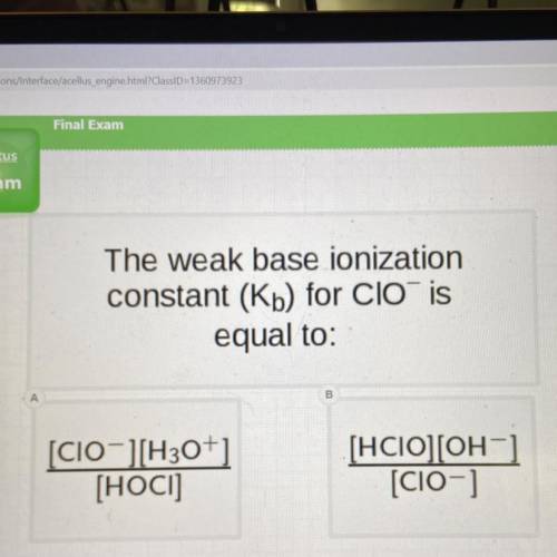 The weak base ionization

constant (Kb) for Clois
equal to:
A
B
[CIO-][H30+)
[HOCI]
[HCIO][OH-]
[C