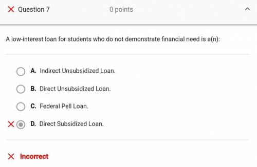 A low-interest loan for students who demonstrate financial need is a(n):

A. Indirect Unsubsidize