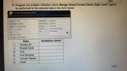 10. Suggest any suitable validation check (Range Check,Format Check, Digit, Ivalid Type)to

be per