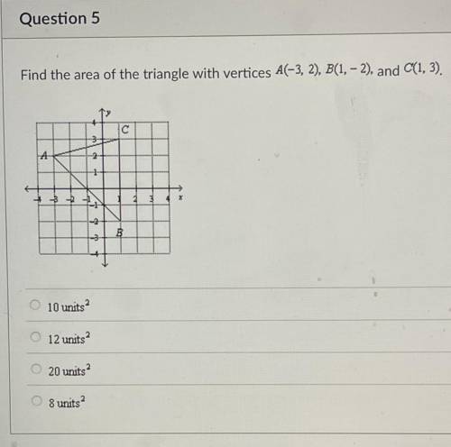 Find the area of the triangle with vertices A(-3,2), B(1,-2), and c(1,3)