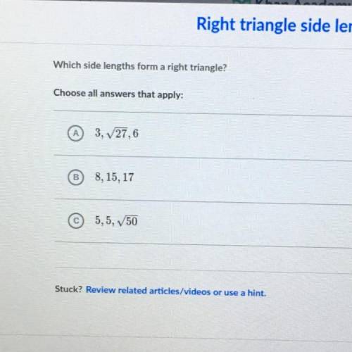 Which side lengths form right triangles? Please help
