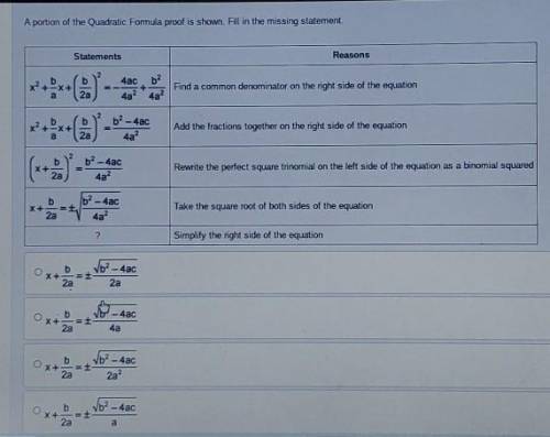 Statements Reasons 2 b -X+ 4ac b? 4a? 4a2 + Find a common denominator on the right side of the equa