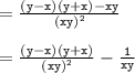 = { \tt{  \frac{(y - x)(y + x) - xy}{ {(xy)}^{2} } }} \\  \\  = { \tt{ \frac{(y - x)(y + x)}{ {(xy)}^{2} }  -  \frac{1}{xy} }}