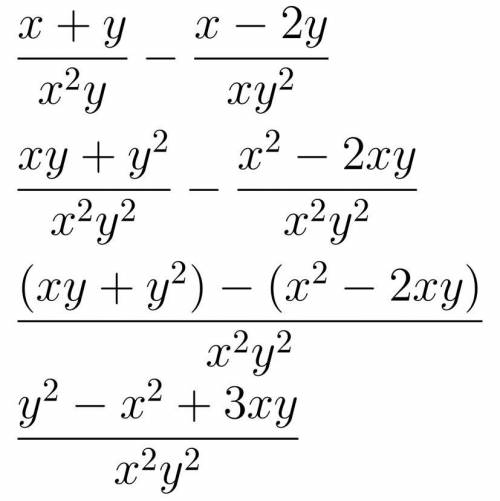 Simplify. (x+y)/(x^2y)-(x-2y)/(xy^2)