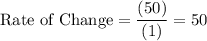 \displaystyle \text{Rate of Change} = \frac{(50)}{(1)}=50
