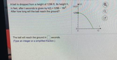 Ah(t)

1800-
A ball is dropped from a height of 1296 ft. Its height h,
in feet, after t seconds is