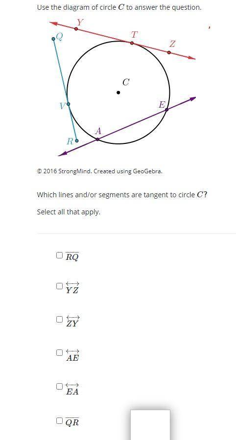 Use the diagram of circle C to answer the question.
 

Circle C is drawn. Segment Q R intersects ci