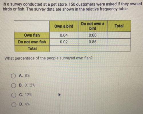 In a survey conducted at a pet store, 150 customers were asked if they owned

birds or fish. The s