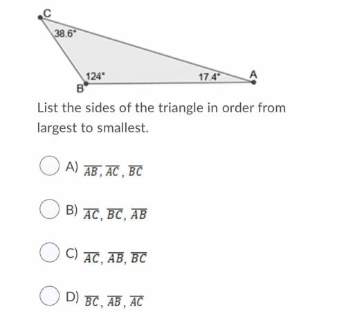 List the sides of the triangle in order from largest to smallest.