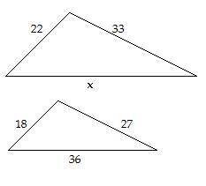 Find the length of x
. Assume the triangles are similar.