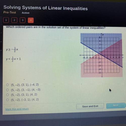 Which ordered pairs are in the solution set of the system of linear inequalities?

Y > - 1/2x
Y