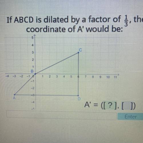 If ABCD is dilated by a factor of 1/3 the
coordinate of A' would be:
A' = ([?], [ ])