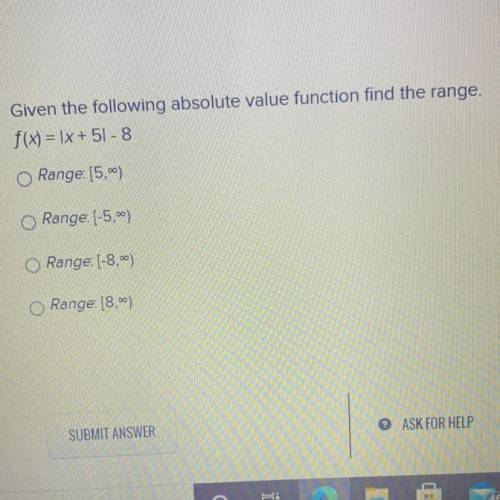Given the following absolute value function find the range.

f(x) = |x + 5| -8
Range: [5,00)
Range
