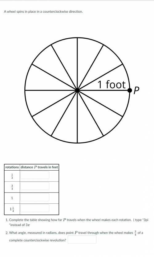 A wheel spins in place in a counterclockwise direction.

1. Complete the table showing how far P t