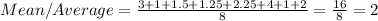 Mean/Average=\frac{3+1+1.5+1.25+2.25+4+1+2}{8} =\frac{16}{8} =2