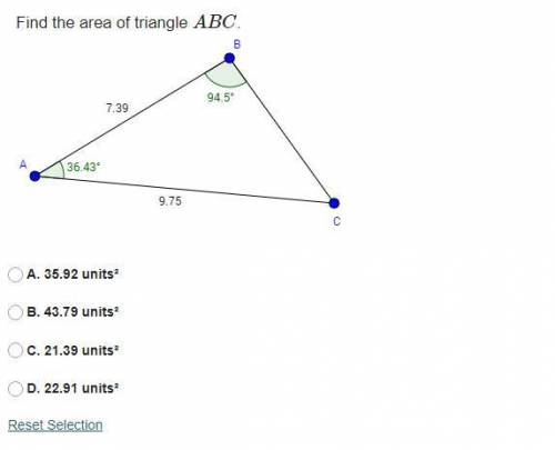 Find the area of triangle ABC.

A. 35.92 units²
B. 43.79 units²
C. 21.39 units²
D. 22.91 units²