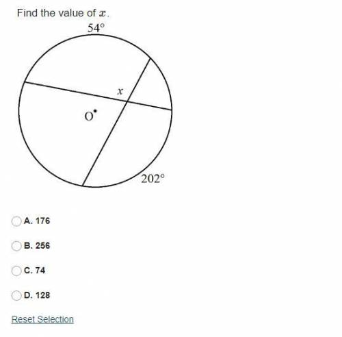Find the value of x.
A. 176
B. 256
C. 74
D. 128