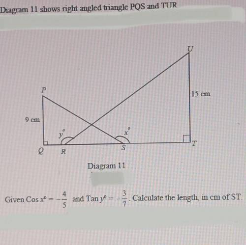 28

Diagram 11 shows right angled triangle POS and TUR
Р
15 cm
9 cm
Q R
S
Diagram 11
Given Cos
and