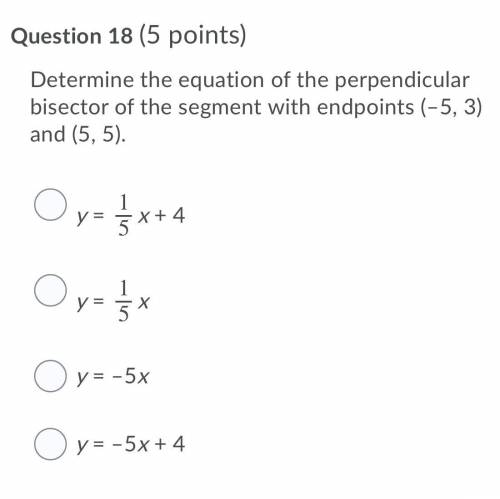 Determine the equation of the perpendicular bisector of the segment with endpoints (–5, 3) and (5,