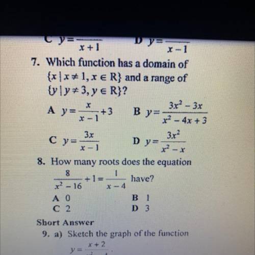 Which function has a domain of { x | x ≠ 1, x E R } and a range of { y | y ≠ 3, y E R}

Please sho