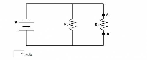 In this circuit, assume that R1 = R2. If V = 24 V, calculate the potential drop across AB.