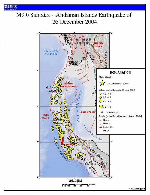 This map shows the location of the Sumatra Earthquake of 2004 and the aftershocks.

What is most l