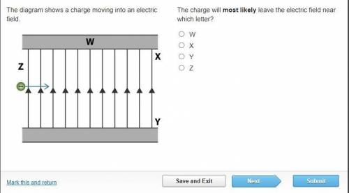 The charge will most likely leave the electric field near which letter?