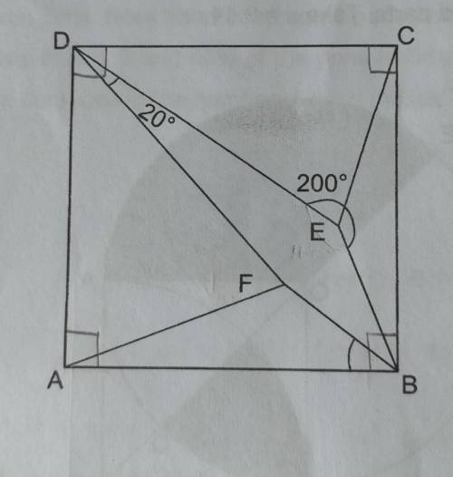 In the figure below, ABCD is a square. DA = DF and DE = DC. Angle ADF = Angle CDE, DEB = 200° and A