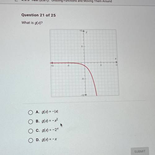Question 21 of 25

What is g(x)?
10-
у
5-
10
-5
5
-5-
-10
A. g(x) = -1X
B. g(x) = -x2
C. g(x) = -2