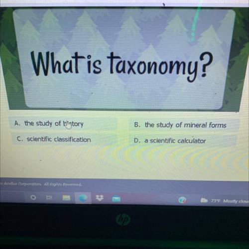 What is taxonomy?

A. the study of Elintory
B. the study of mineral forms
C. scientific classifica