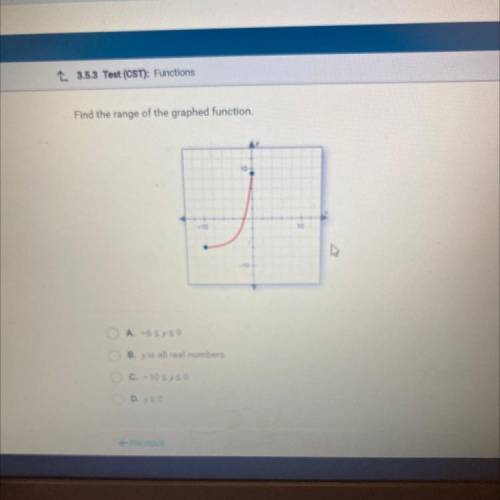 Find the range of the graphed function.

y
10
-10
10
-10-
A. -6 sys9
B. yis all real numbers.
C. -