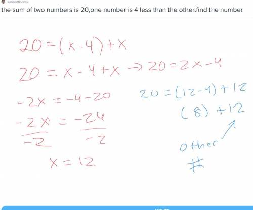 The sum of two numbers is 20,one number is 4 less than the other.find the number