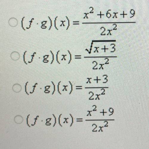 Find (f*g)(x) when f(x)= (sqrt)x+3/x and g(x)= (sqrt)x+3/2x
Any help is appreciated :)