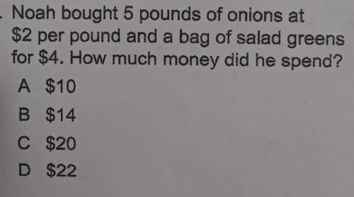 Noah bought 5 pounds of onions at $2 per pound and a bag of salad greens for $4. How much money did
